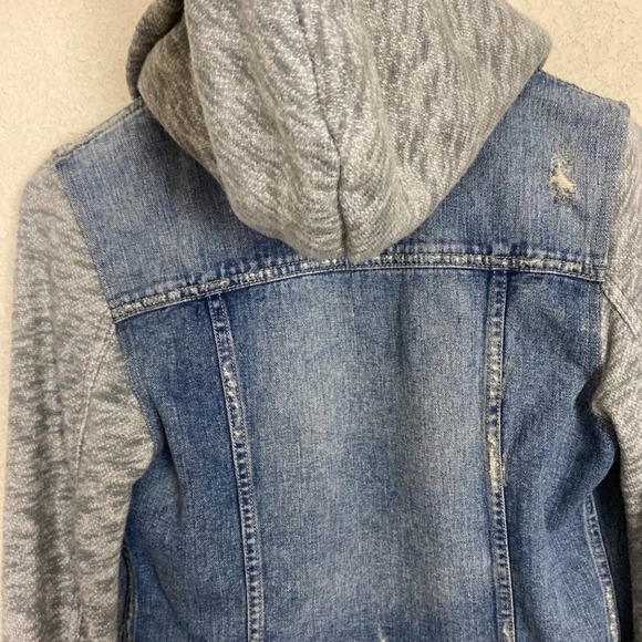 Free People Distressed Jean Jacket Womens Small Blue Gray Terry Hood Arms - Picture 5 of 11